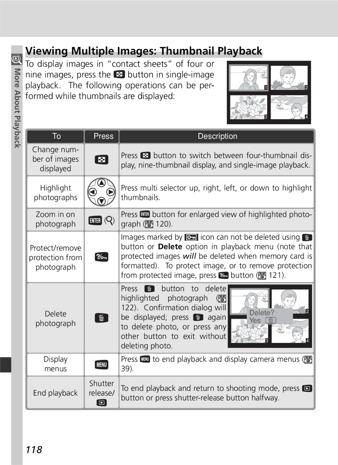 Nikon D70 manual Viewing Multiple Images Thumbnail Playback, 118, To To 