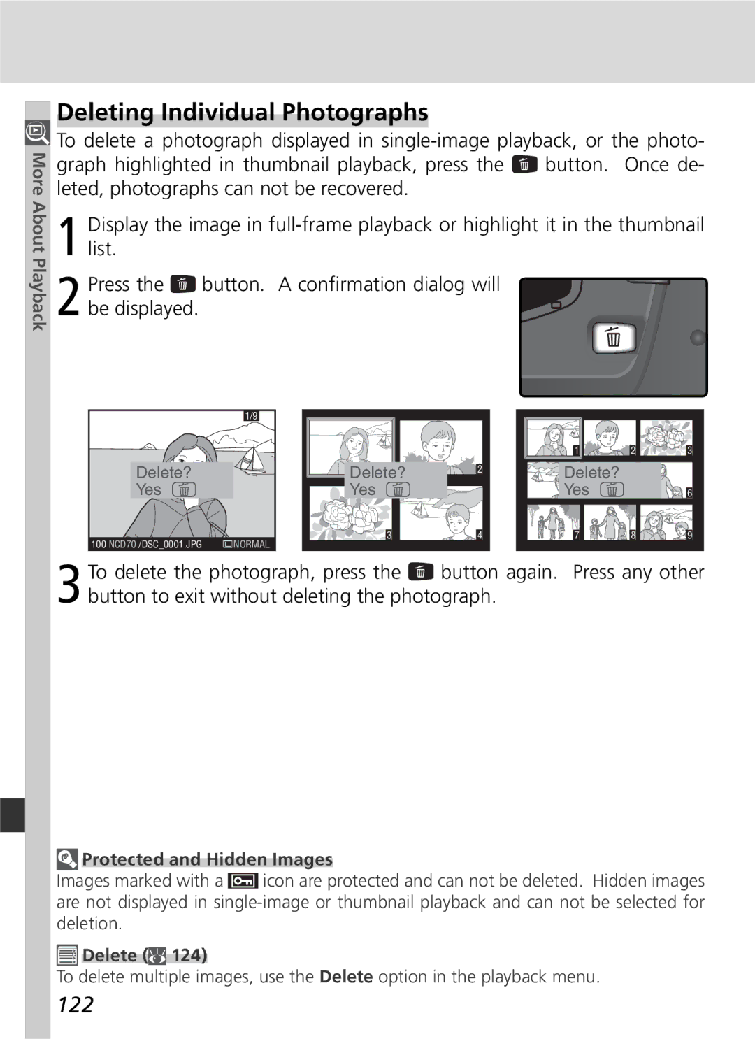 Nikon D70 Deleting Individual Photographs, 122, List Press Button. a conﬁrmation dialog will, Protected and Hidden Images 