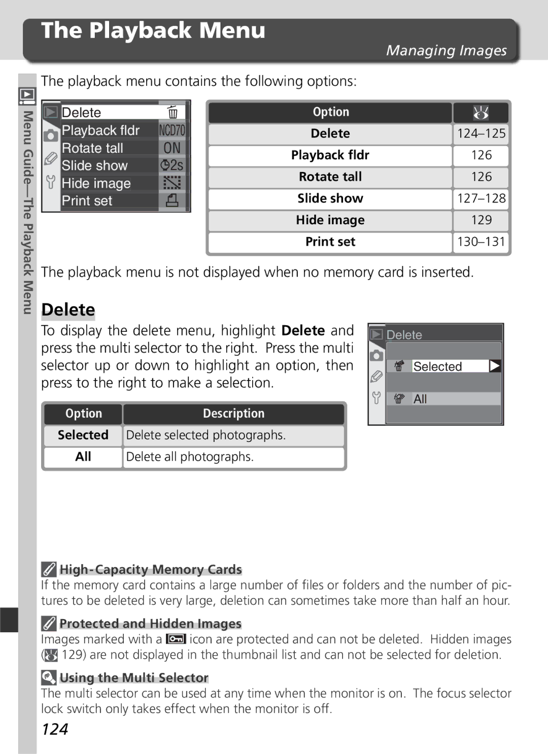 Nikon D70 manual Playback Menu, Delete, 124, Managing Images, Playback menu contains the following options 