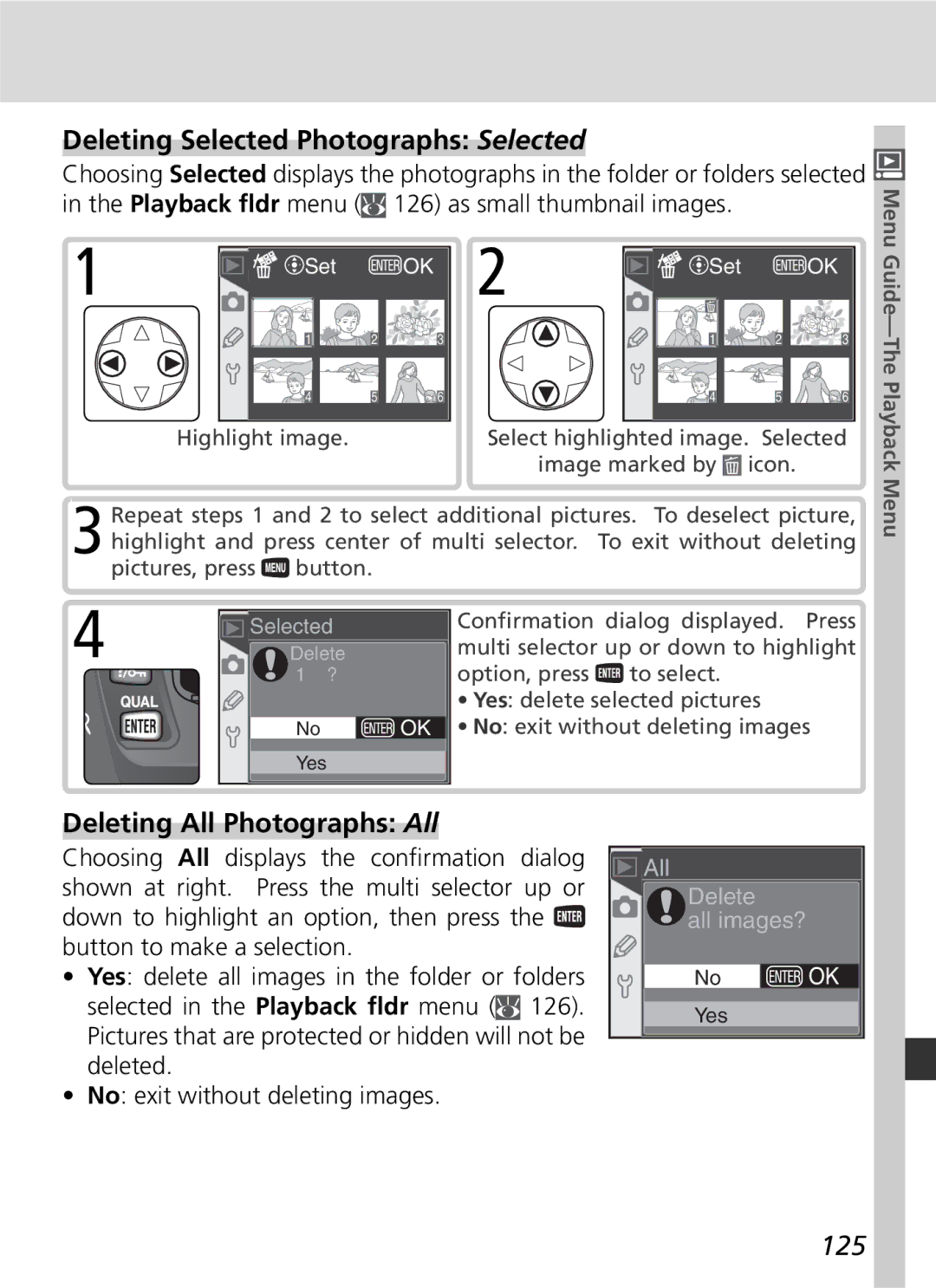 Nikon D70 manual Deleting Selected Photographs Selected, Deleting All Photographs All, 125 