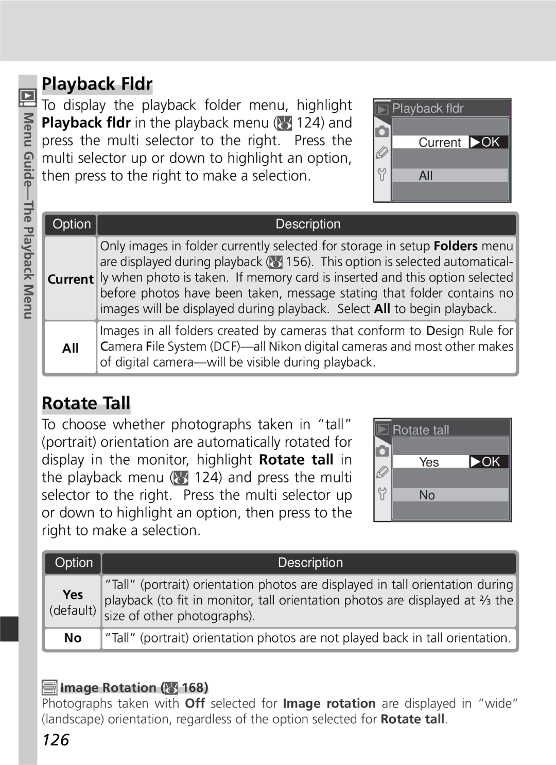 Nikon D70 manual Playback Fldr, Rotate Tall, 126, Playback Menu, Image Rotation 