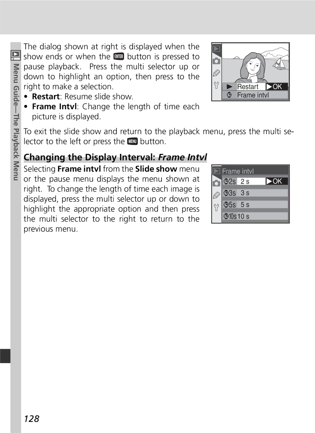 Nikon D70 manual Changing the Display Interval Frame Intvl, 128 