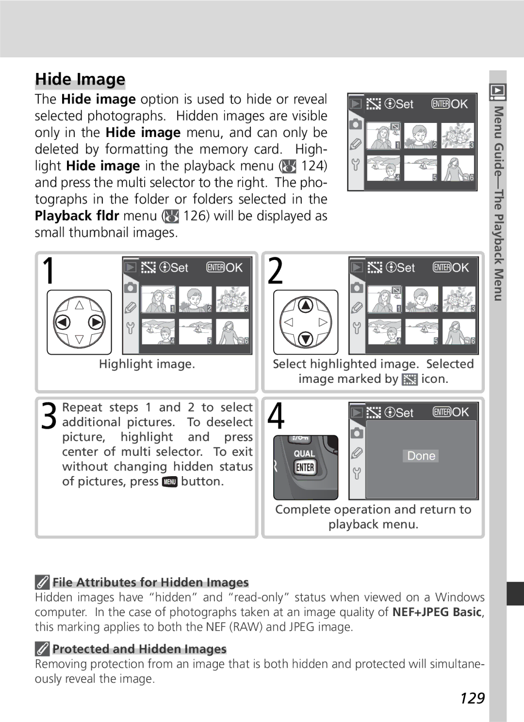 Nikon D70 manual Hide Image, 129, File Attributes for Hidden Images 