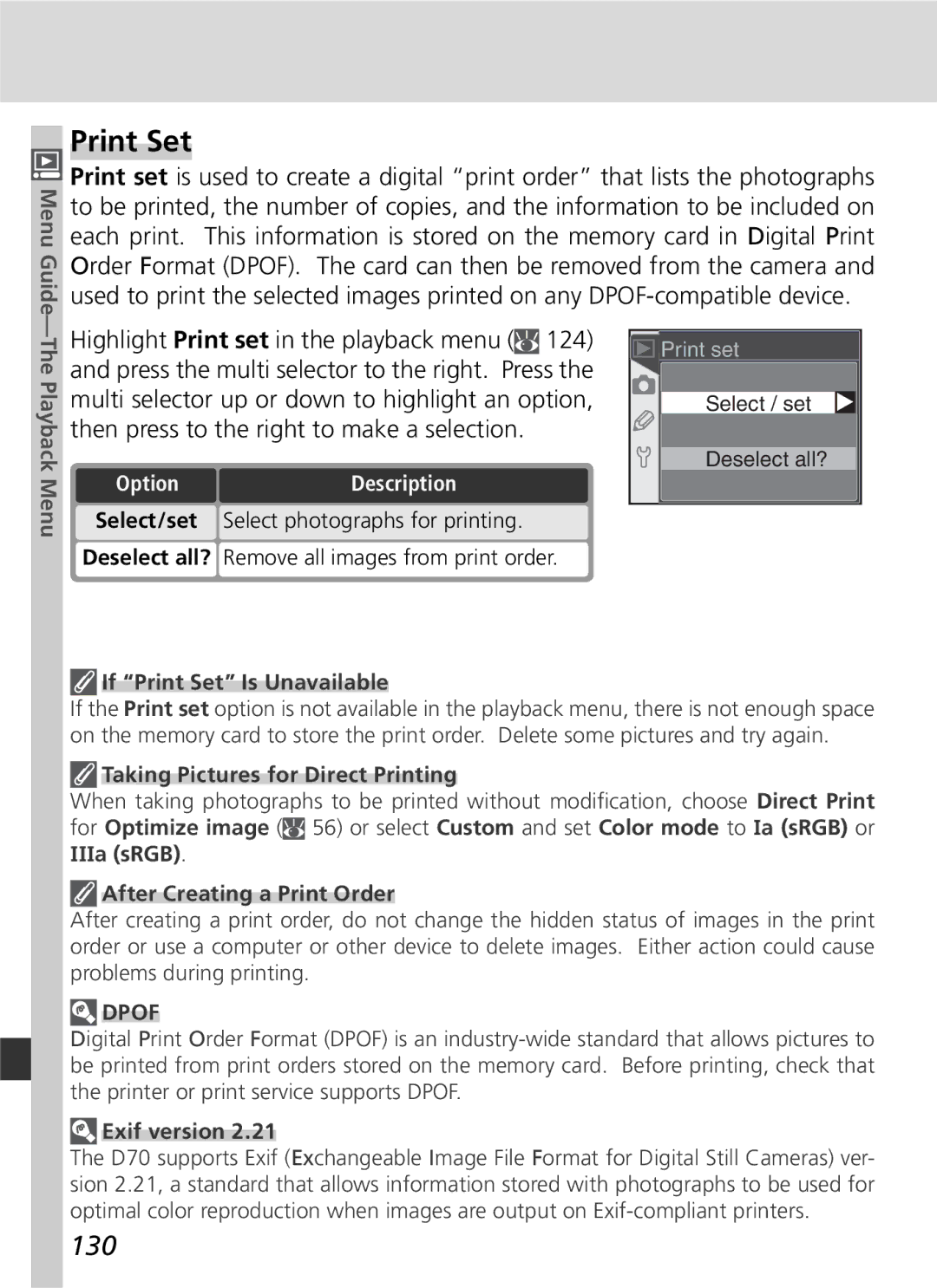 Nikon D70 manual Print Set, 130, OptionDescription 