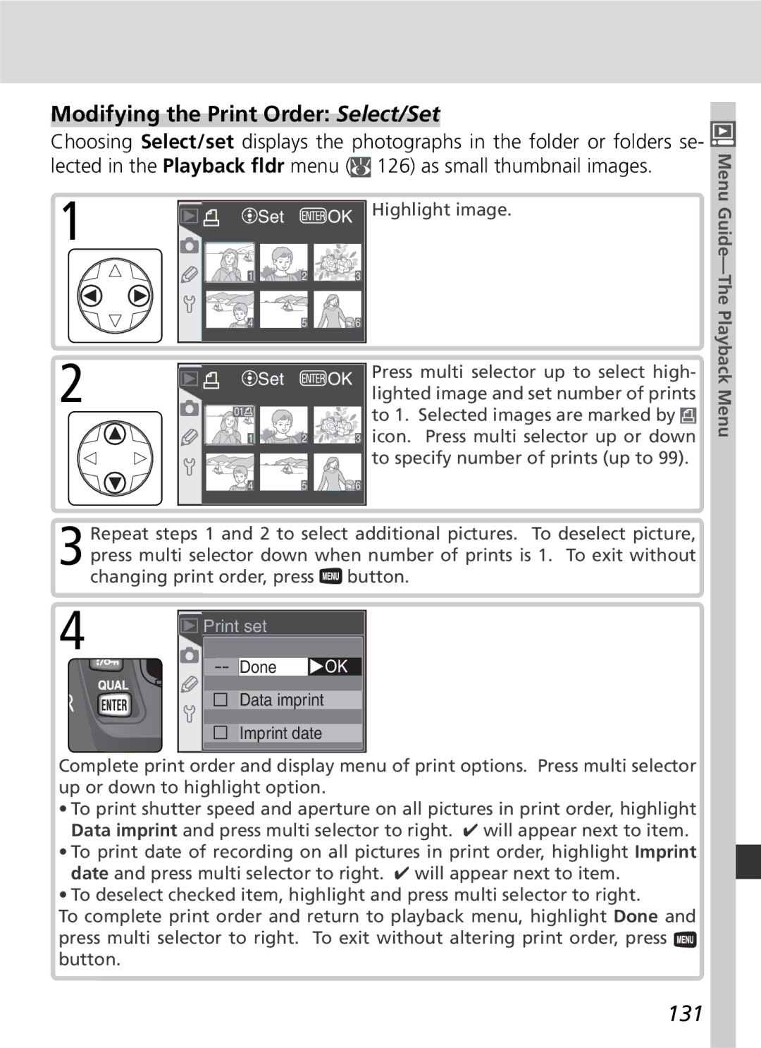 Nikon D70 manual Modifying the Print Order Select/Set, 131 