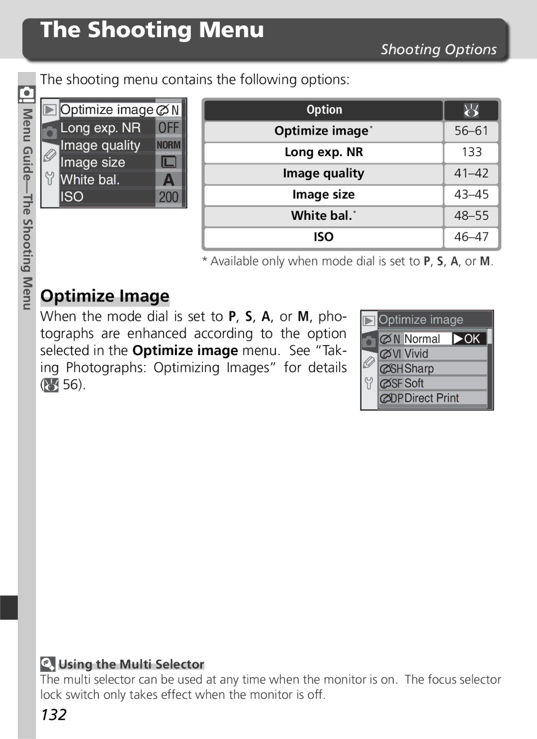 Nikon D70 manual Shooting Menu, Optimize Image, 132, Shooting Options, Shooting menu contains the following options 