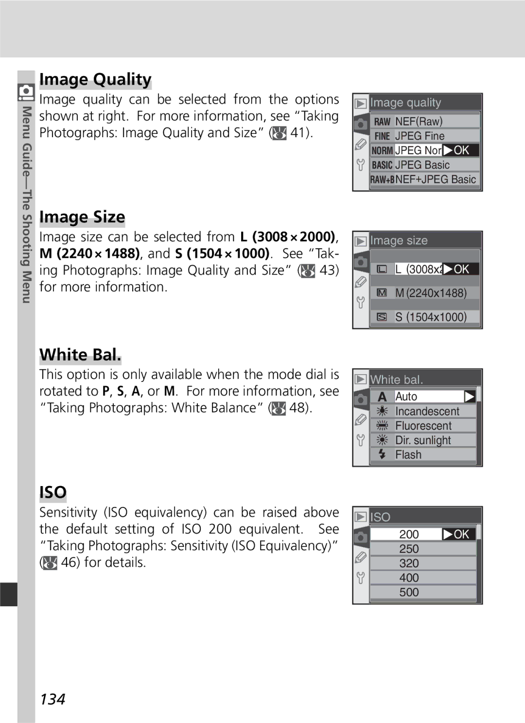 Nikon D70 manual White Bal, 134, Menu Guide-The Shooting Menu 