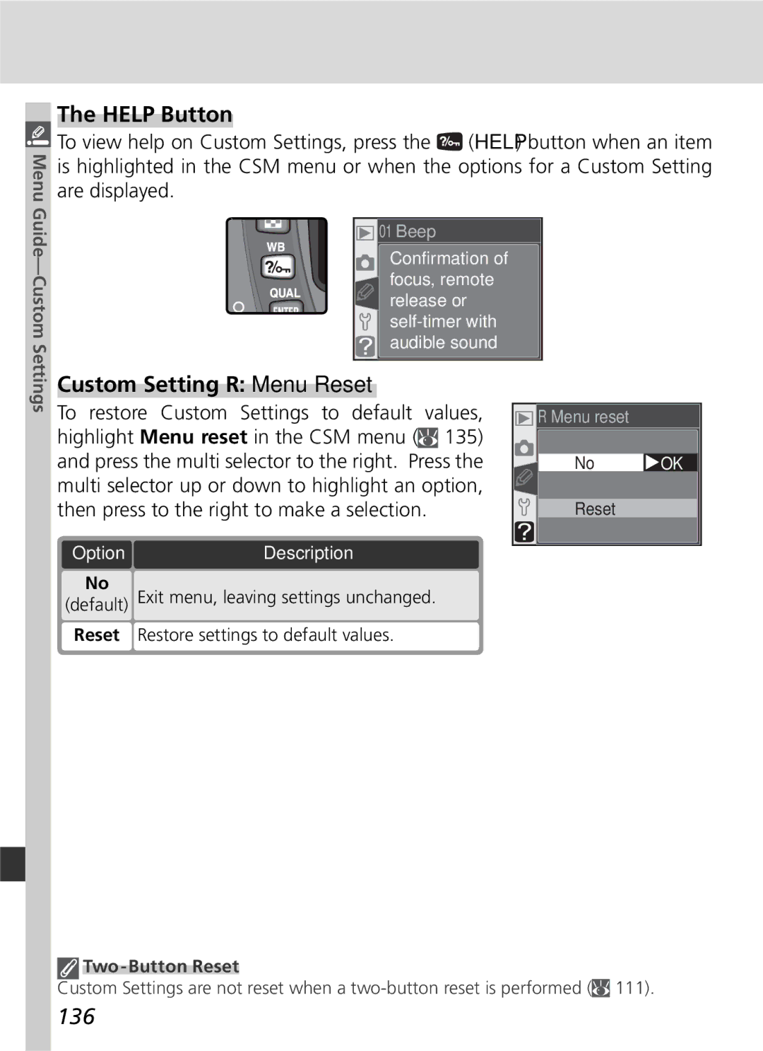 Nikon D70 manual Help Button, Custom Setting R Menu Reset, 136, Two-Button Reset 