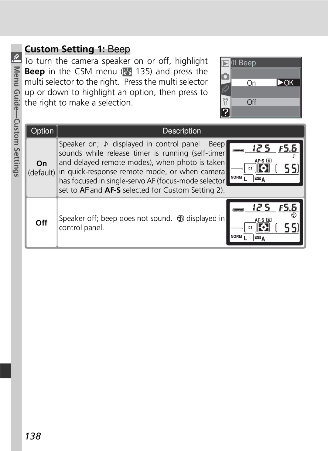 Nikon D70 manual Custom Setting 1 Beep, 138, Menu Guide 