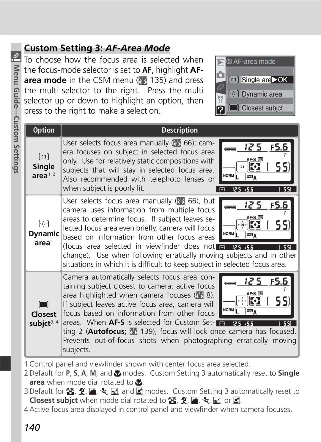 Nikon D70 manual Custom Setting 3 AF-Area Mode, 140, Area 1, Closest Subjct3 