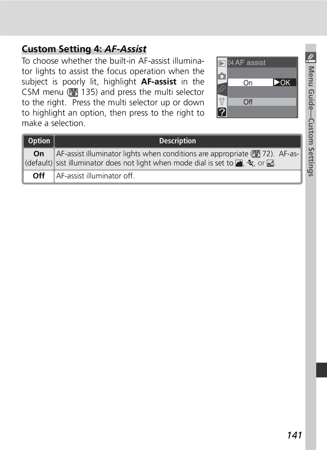 Nikon D70 manual Custom Setting 4 AF-Assist, 141, Off AF-assist illuminator off, Settings 