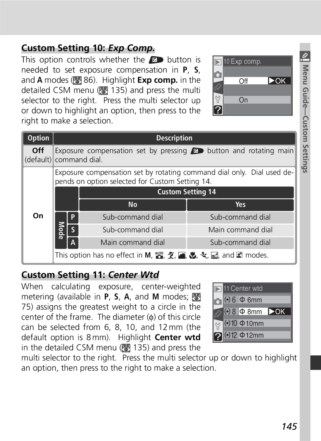 Nikon D70 manual Custom Setting 10 Exp Comp, Custom Setting 11 Center Wtd, 145 