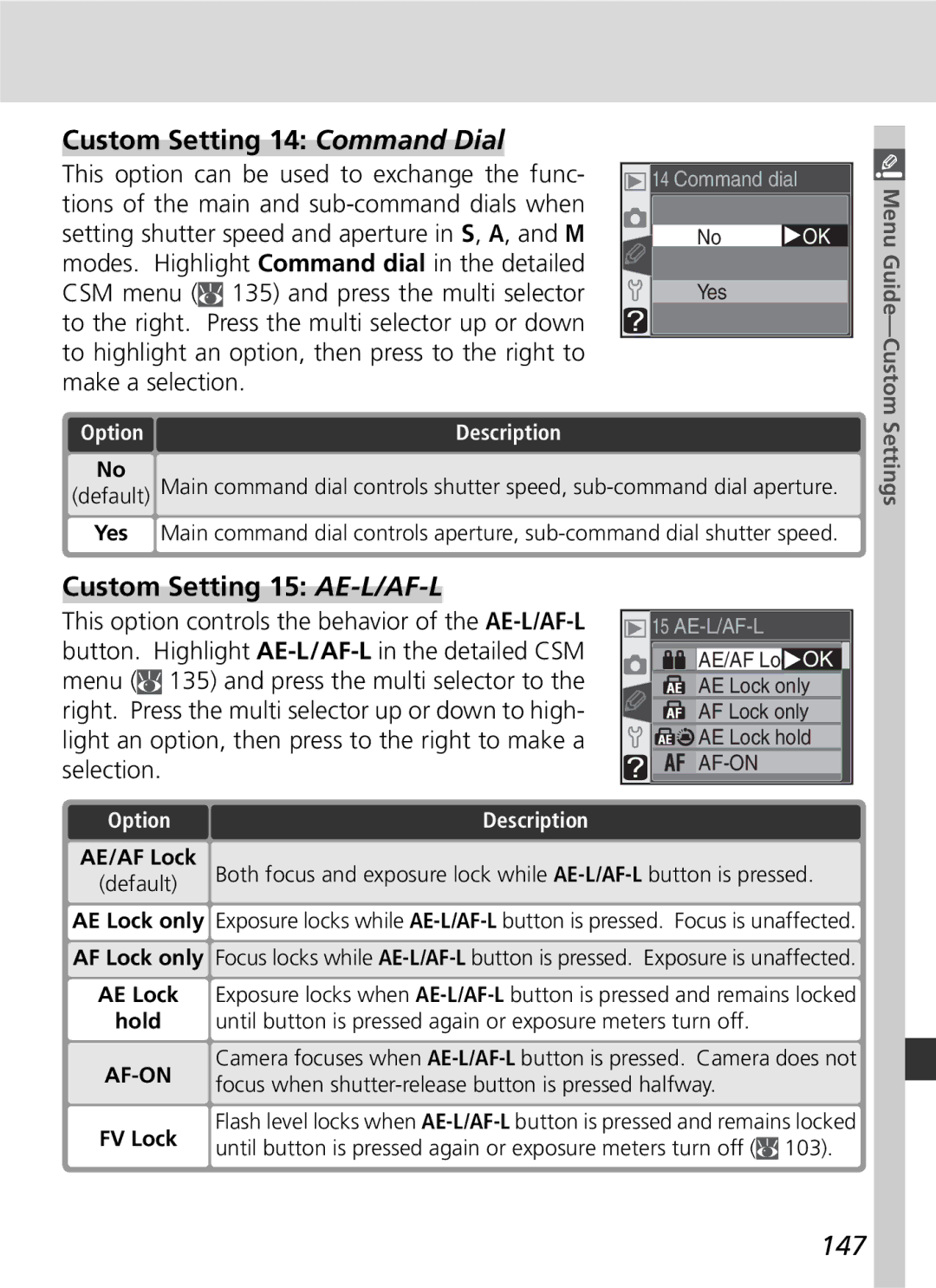 Nikon D70 manual Custom Setting 14 Command Dial, Custom Setting 15 AE-L/AF-L, 147 