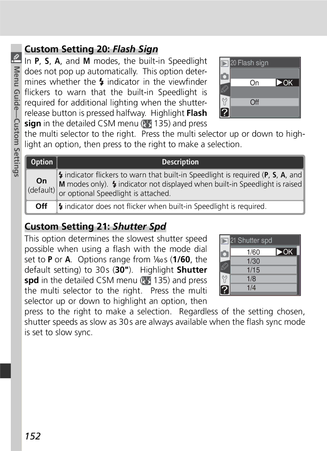 Nikon D70 Custom Setting 20 Flash Sign, Custom Setting 21 Shutter Spd, 152, P, S, A, and M modes, the built-in Speedlight 