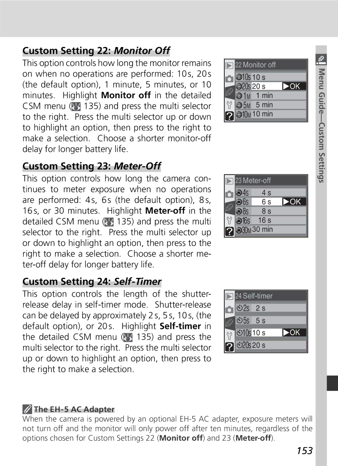 Nikon D70 Custom Setting 22 Monitor Off, Custom Setting 23 Meter-Off, Custom Setting 24 Self-Timer, 153, EH-5 AC Adapter 