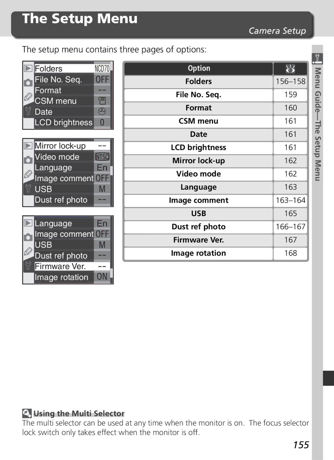 Nikon D70 manual Setup Menu, 155, Camera Setup, Setup menu contains three pages of options 