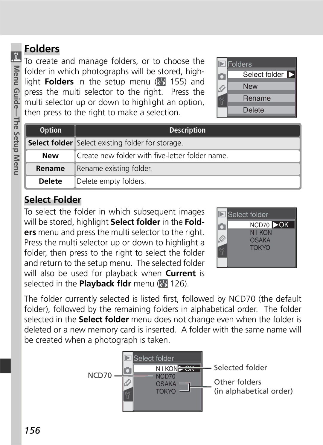 Nikon D70 manual Folders, Select Folder, 156, Setup Menu 