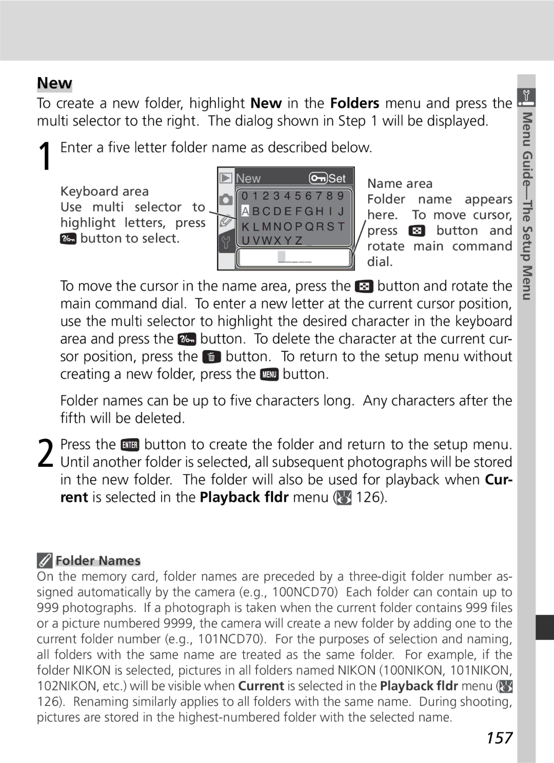 Nikon D70 manual New, 157, Folder Names, Menu Guide-The Setup Menu 