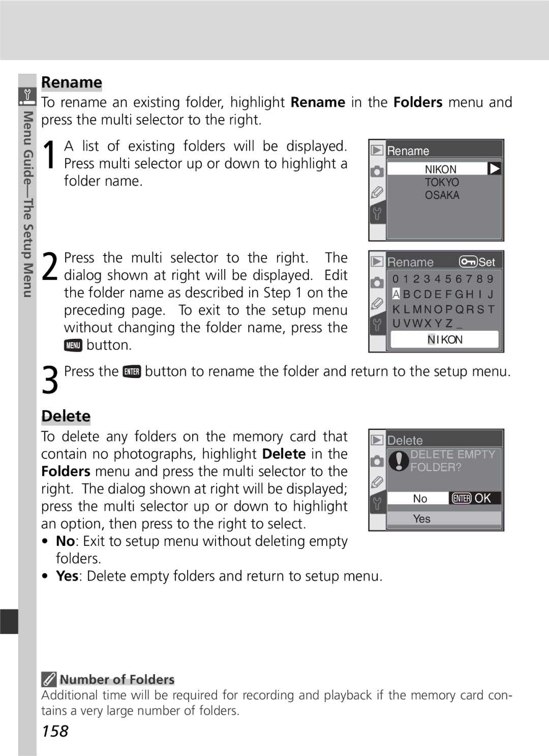 Nikon D70 manual Rename, Delete, 158 