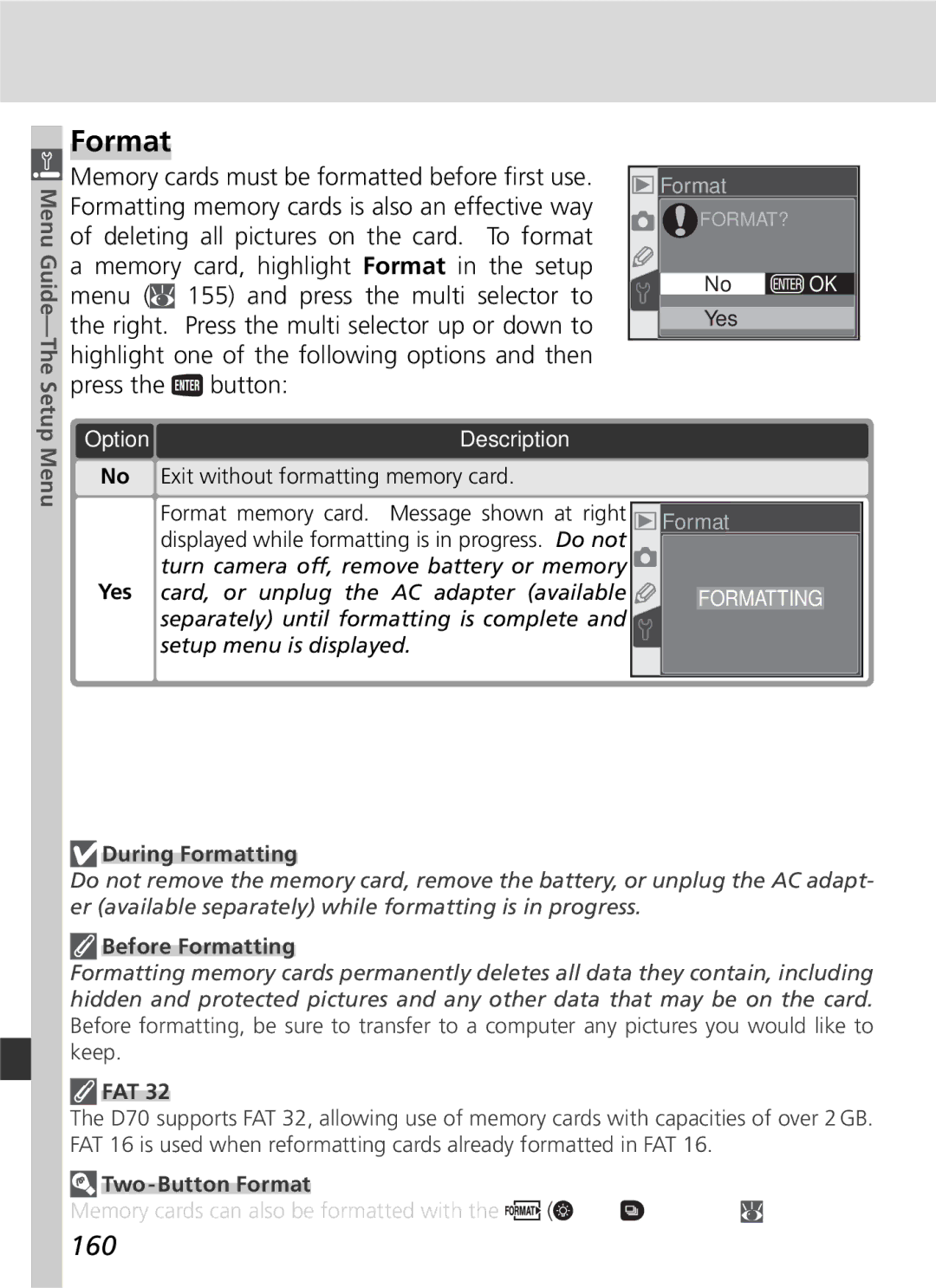 Nikon D70 manual Format, 160 