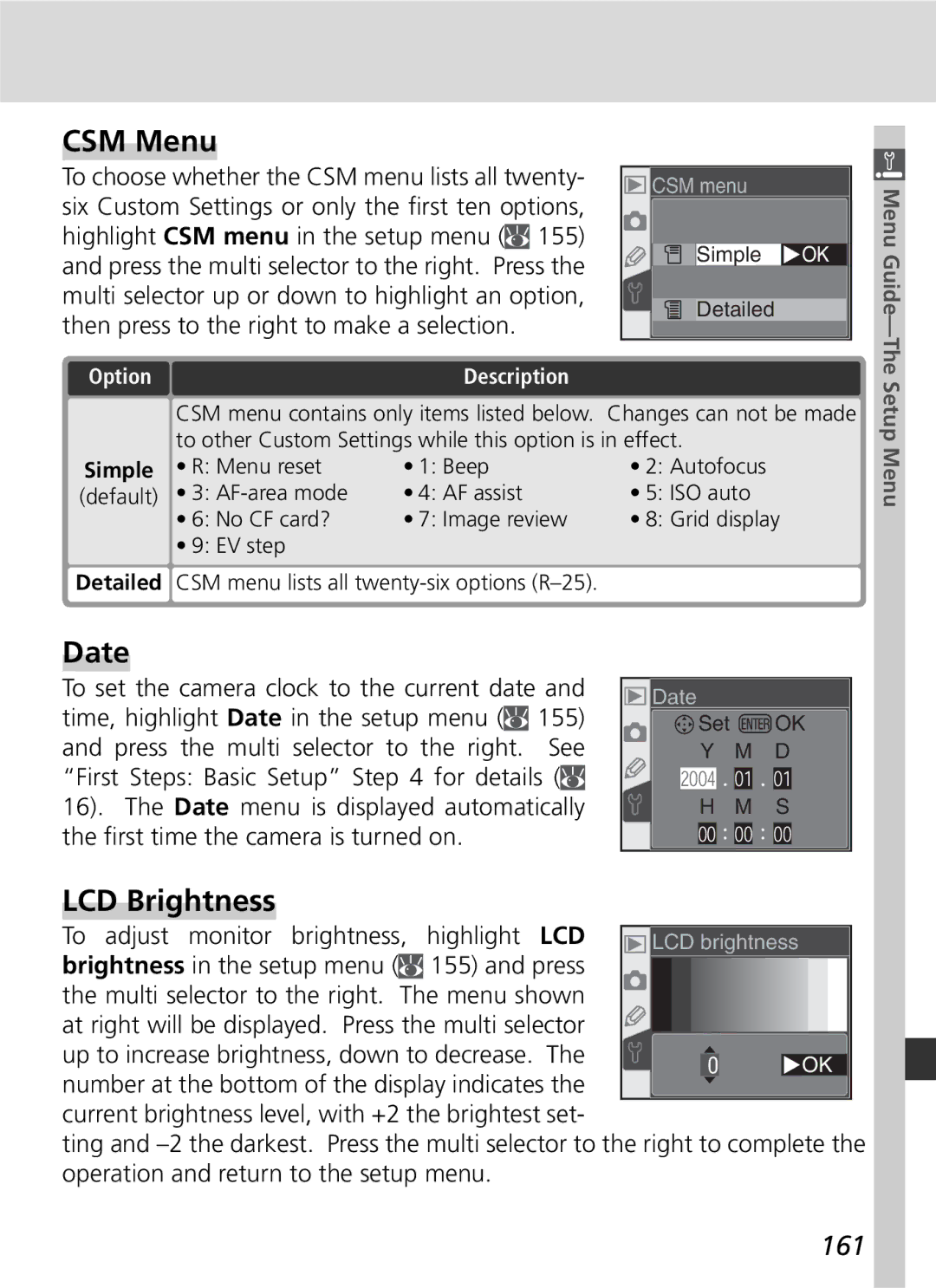 Nikon D70 manual CSM Menu, Date, LCD Brightness, 161 