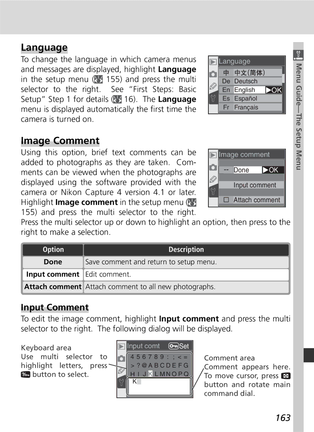 Nikon D70 manual Language, Image Comment, Input Comment, 163 