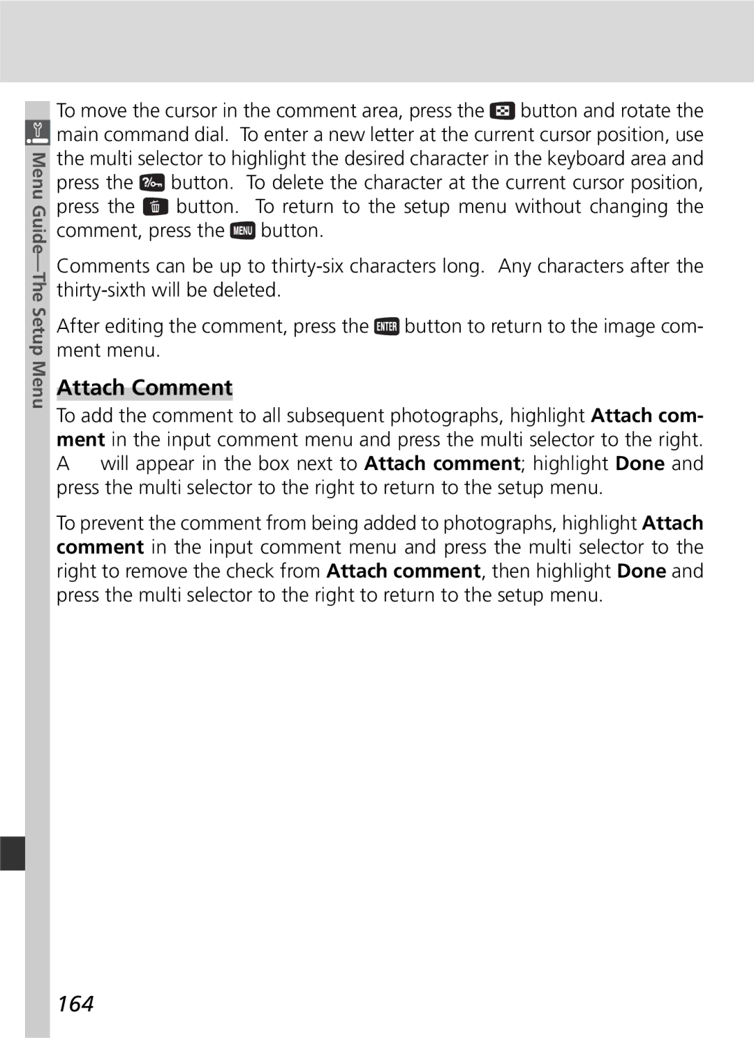 Nikon D70 manual Attach Comment, 164 