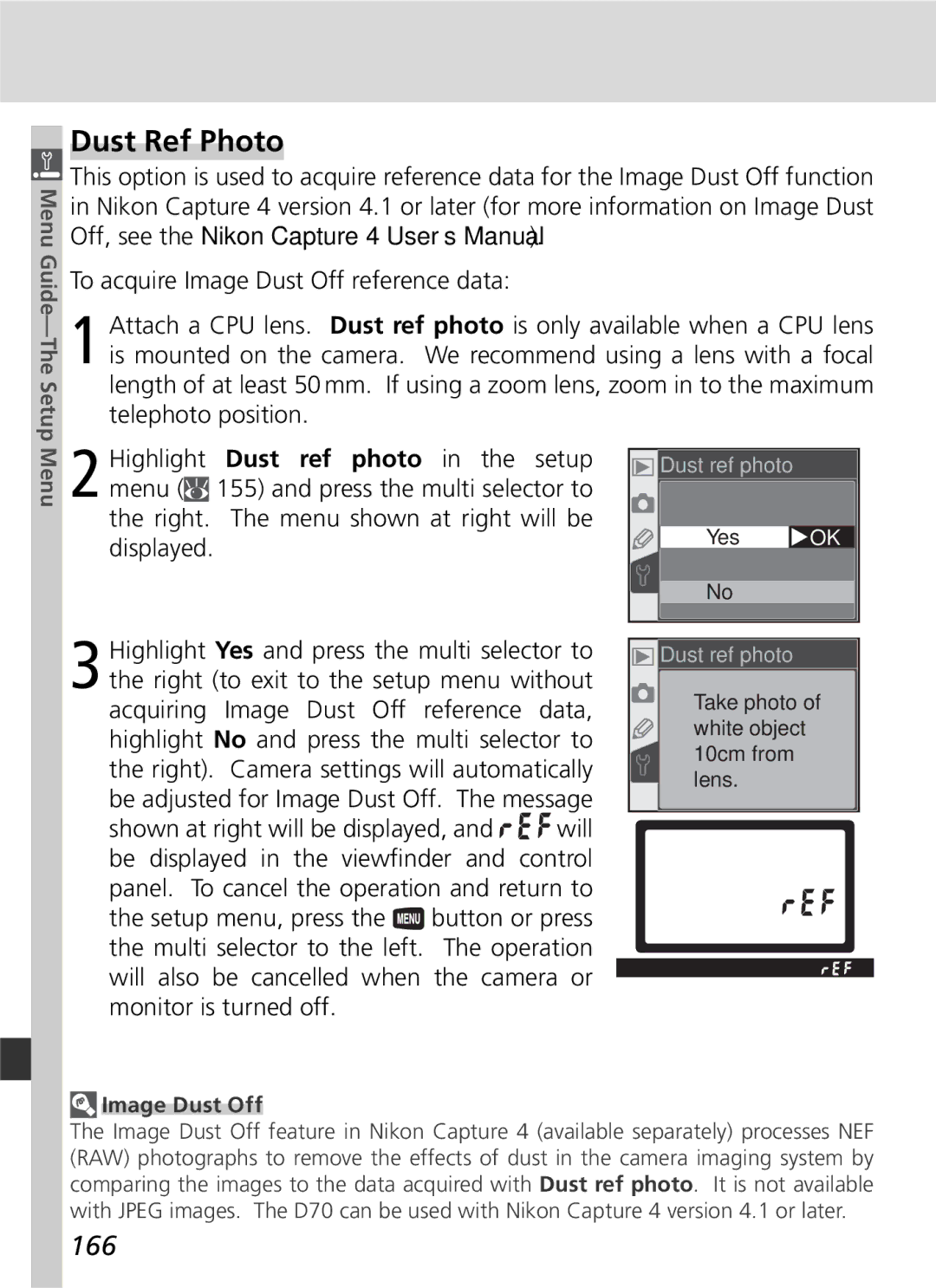 Nikon D70 manual Dust Ref Photo, 166, Image Dust Off 