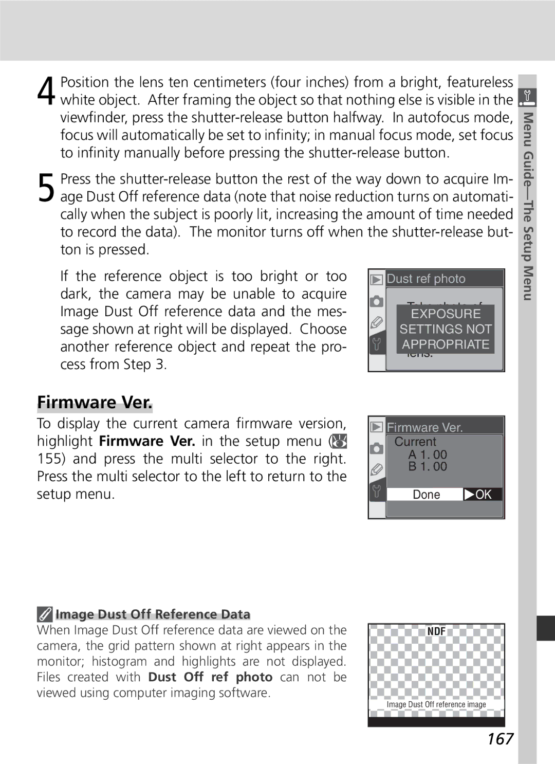 Nikon D70 manual Firmware Ver, 167, Image Dust Off Reference Data 