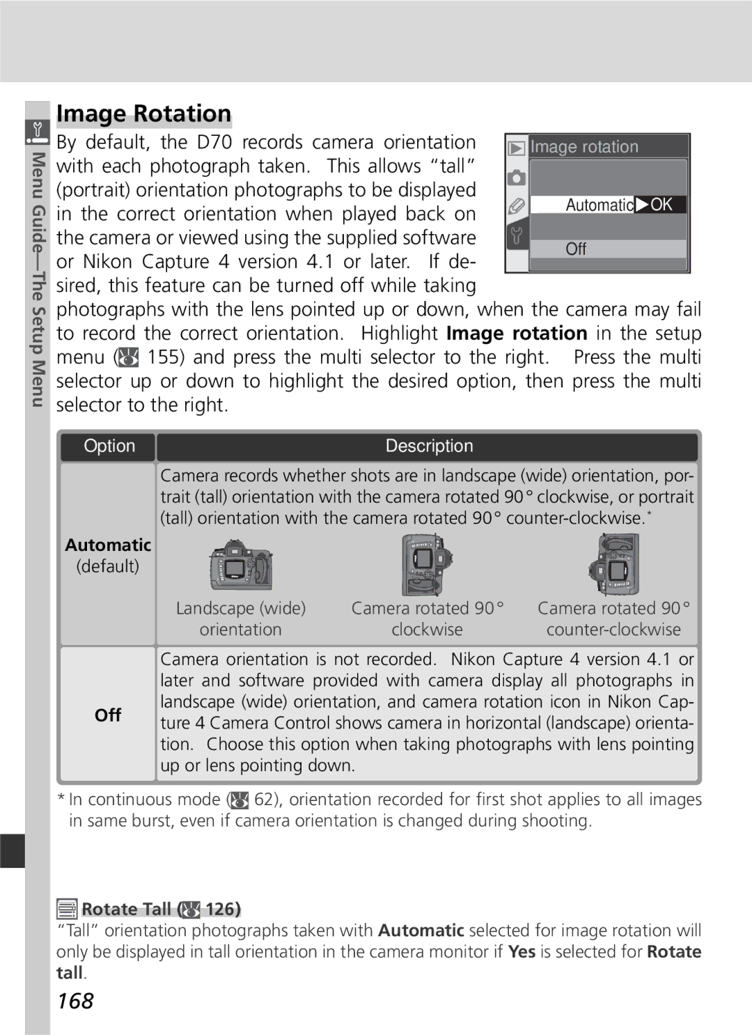 Nikon D70 manual Image Rotation, 168, Automatic 