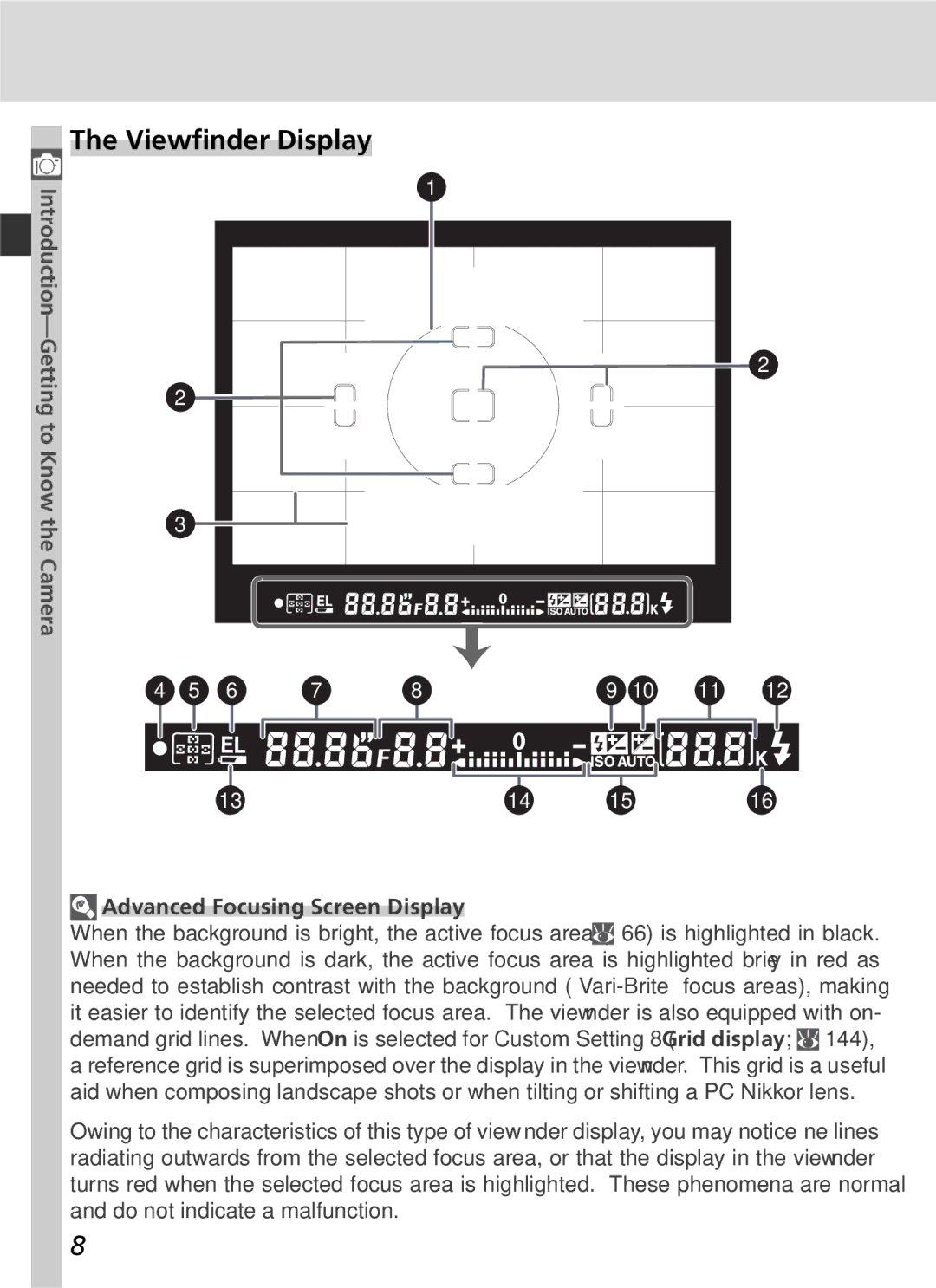 Nikon D70 manual Viewﬁnder Display, Introduction, Getting to Know the Camera, Advanced Focusing Screen Display 