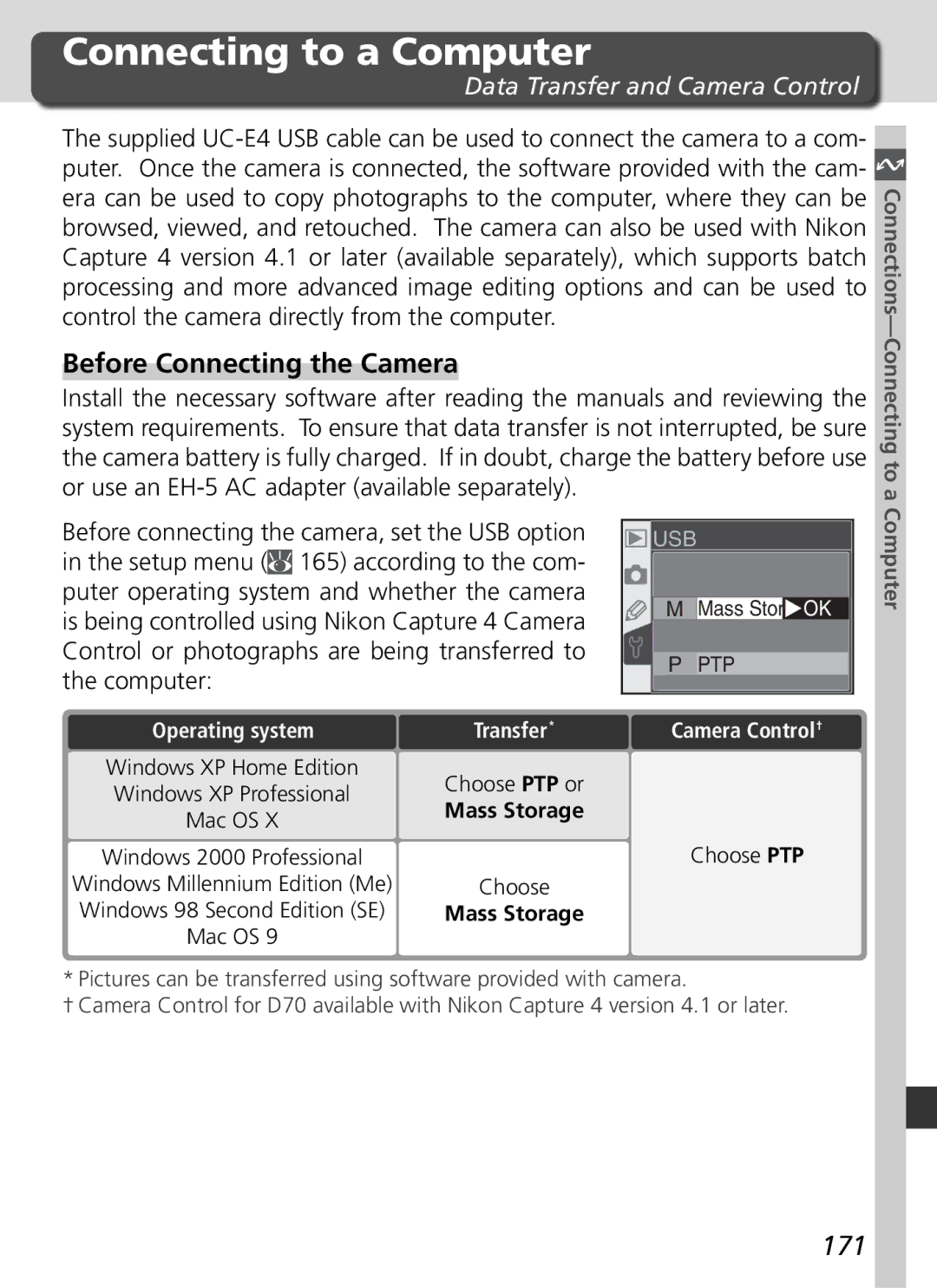 Nikon D70 manual Connecting to a Computer, Before Connecting the Camera, 171, Data Transfer and Camera Control 