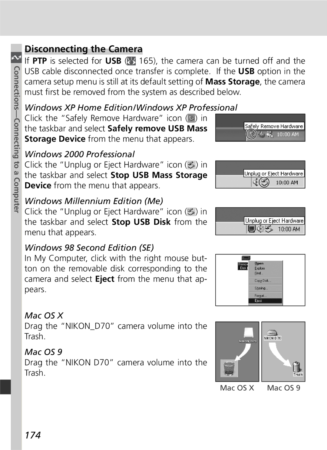 Nikon D70 manual Disconnecting the Camera, 174 