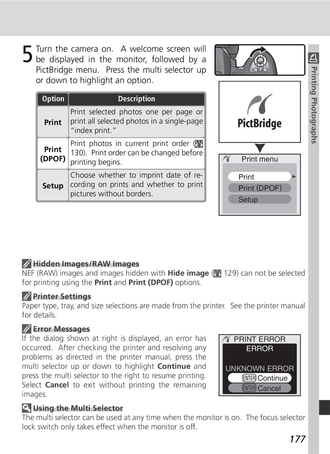 Nikon D70 manual 177, Hidden Images/RAW Images, Printer Settings, Printing Photographs, Error Messages 