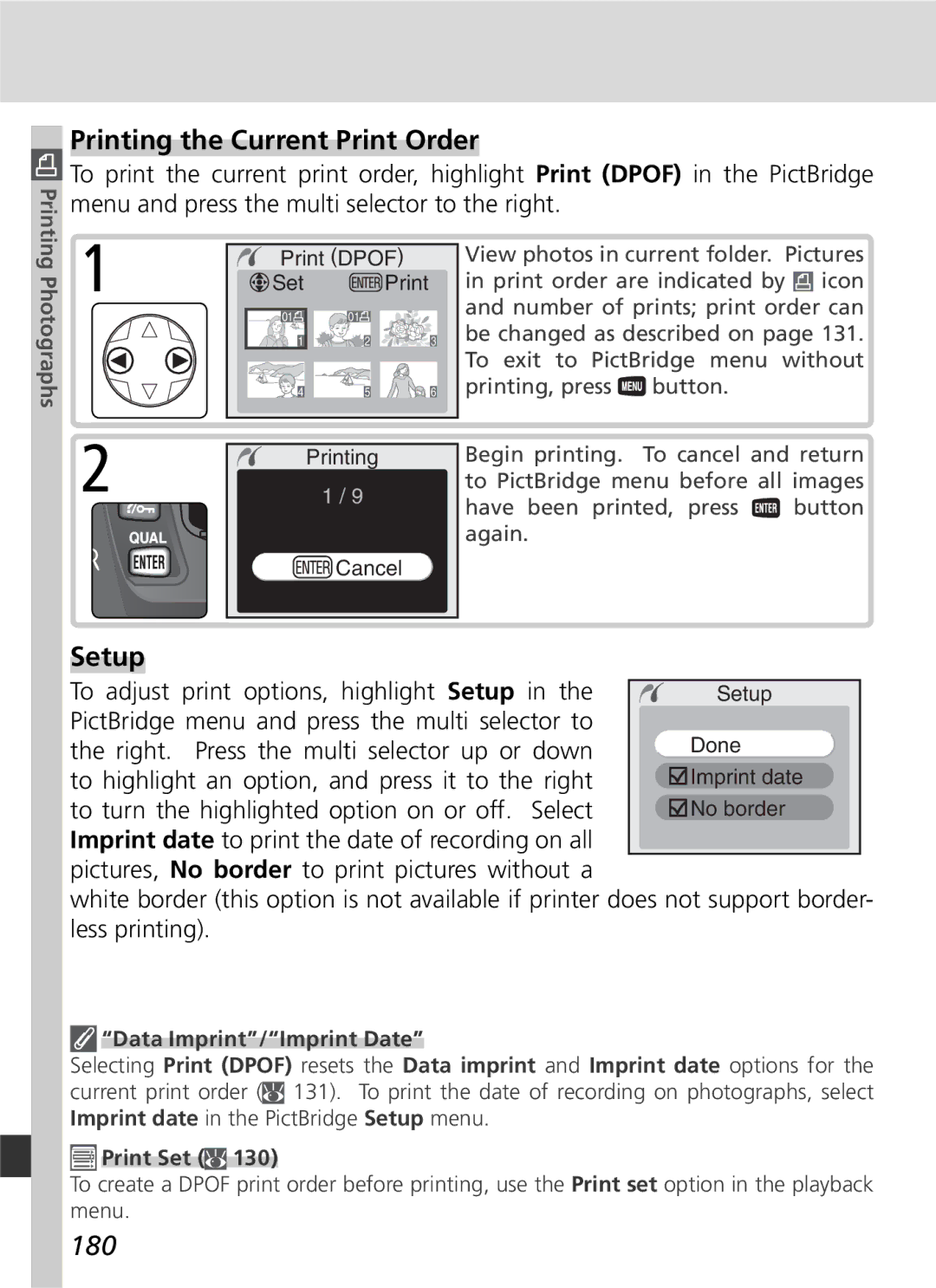 Nikon D70 manual Printing the Current Print Order, Setup, 180 