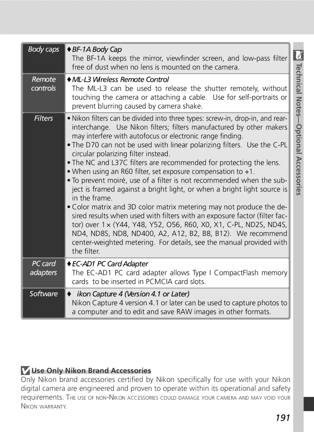 Nikon D70 manual 191, Use Only Nikon Brand Accessories 