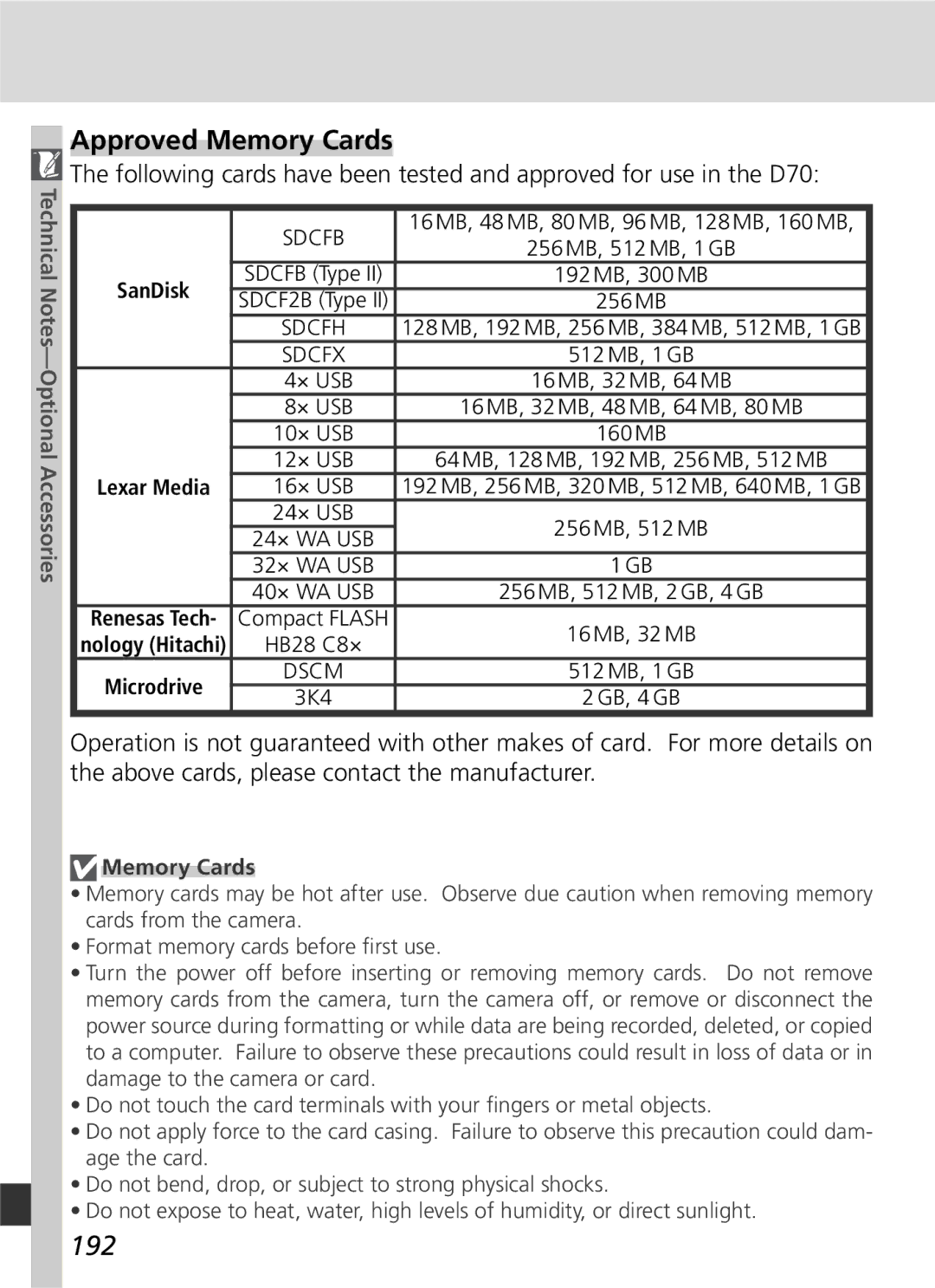 Nikon D70 manual Approved Memory Cards, 192, SanDisk 