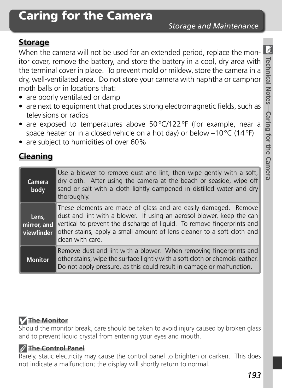 Nikon D70 manual Caring for the Camera, Cleaning, 193, Storage and Maintenance 