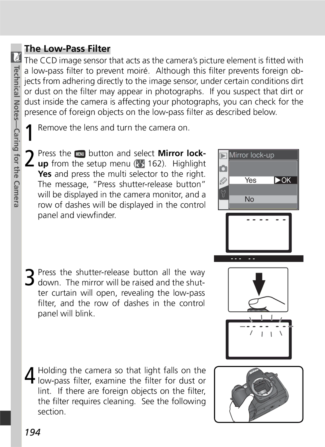 Nikon D70 manual Low-Pass Filter, 194, Remove the lens and turn the camera on, Caring for the Camera 