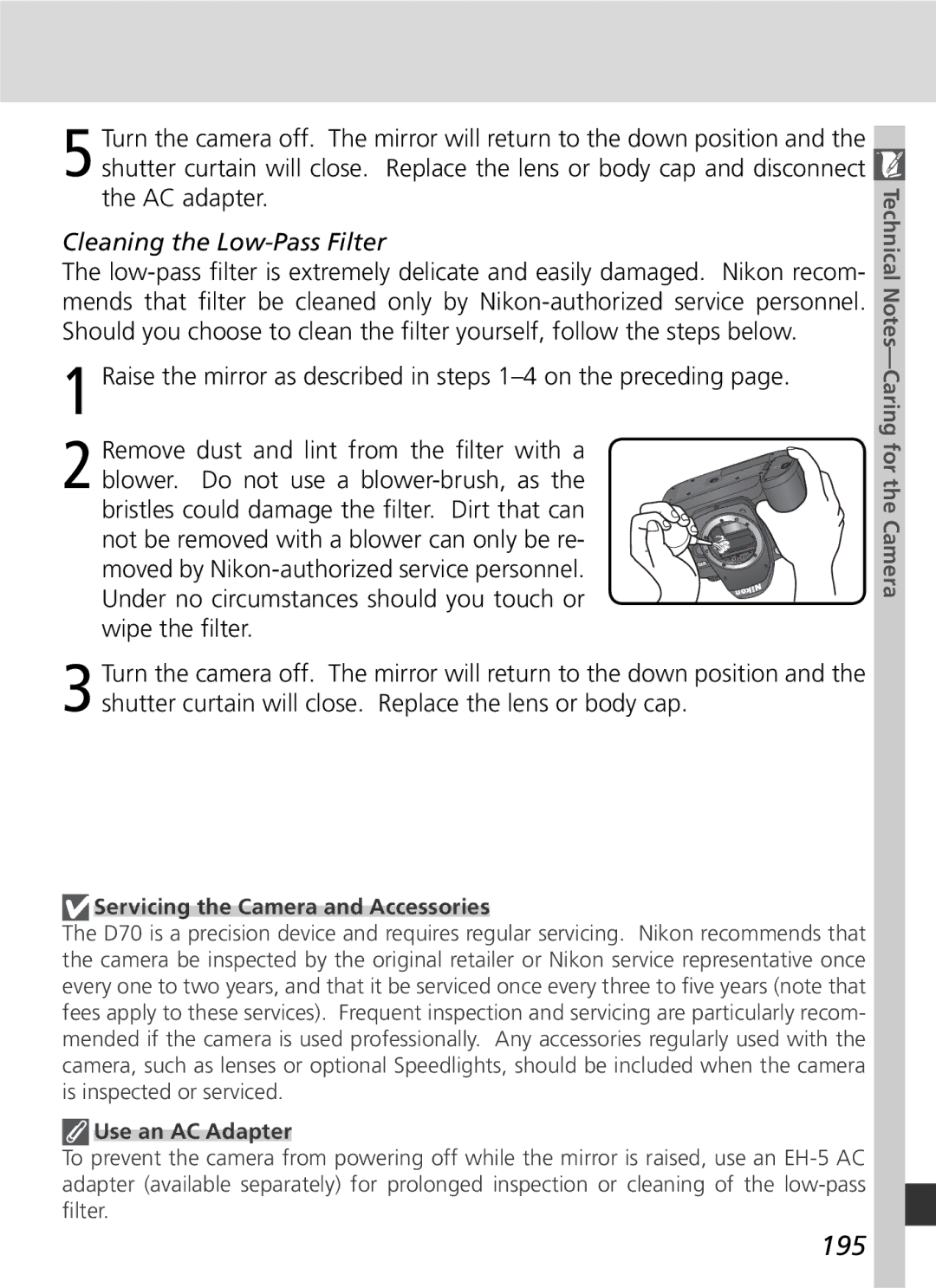 Nikon D70 manual 195, Cleaning the Low-Pass Filter, Servicing the Camera and Accessories 