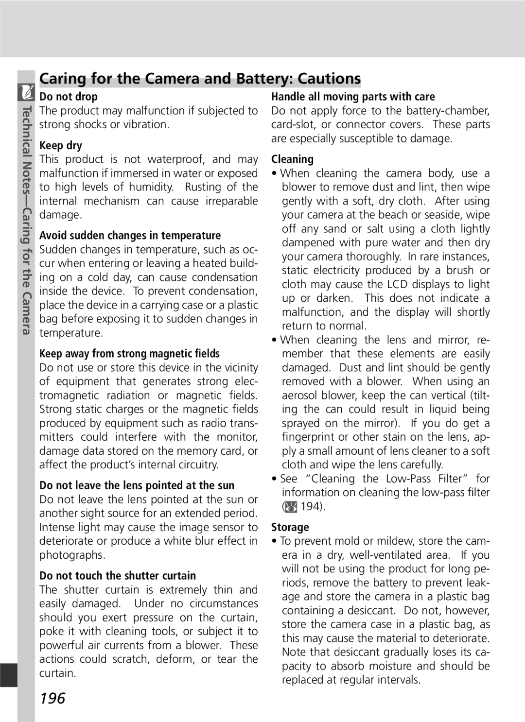 Nikon D70 manual Caring for the Camera and Battery Cautions, 196 