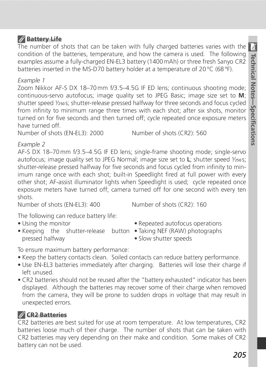 Nikon D70 manual 205, Battery Life 