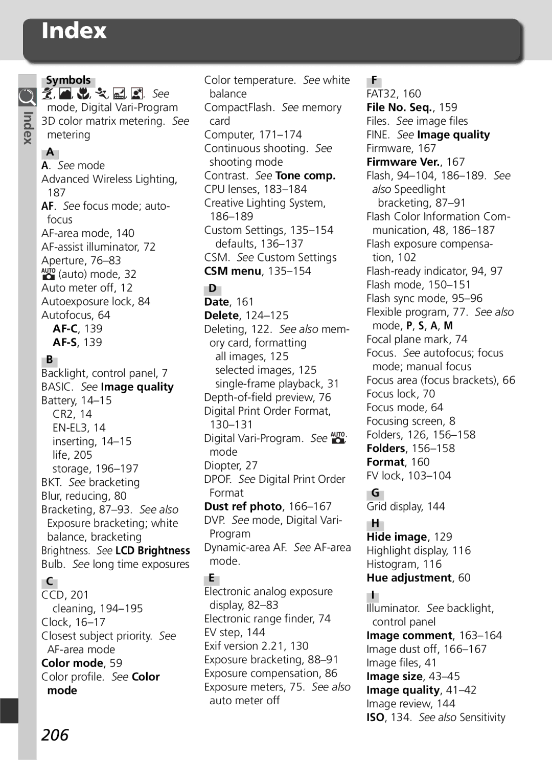 Nikon D70 manual Index, 206 