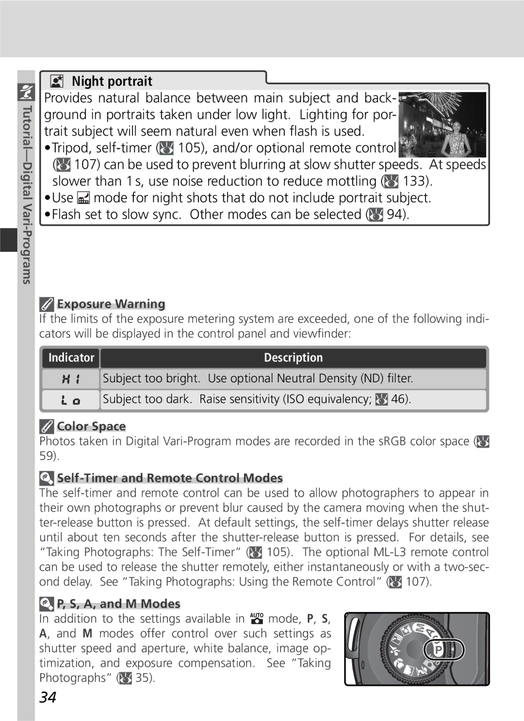 Nikon D70 manual Exposure Warning, IndicatorDescription, Color Space, Self-Timer and Remote Control Modes, A, and M Modes 