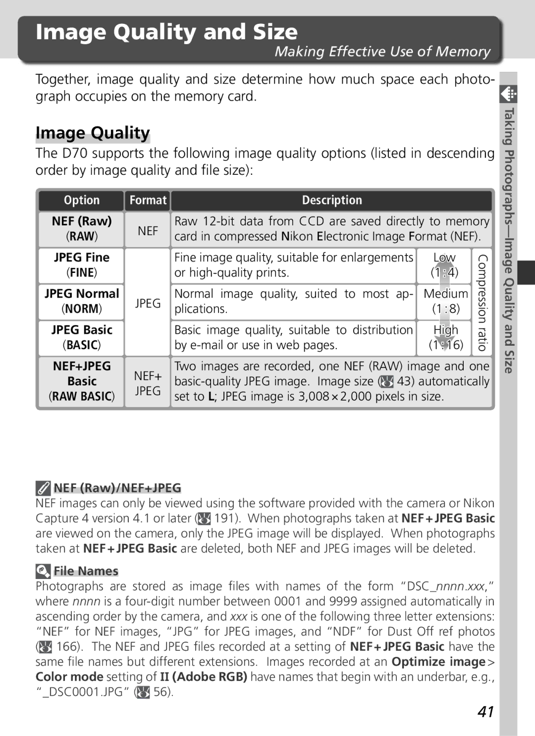 Nikon D70 manual Image Quality and Size, Making Effective Use of Memory 