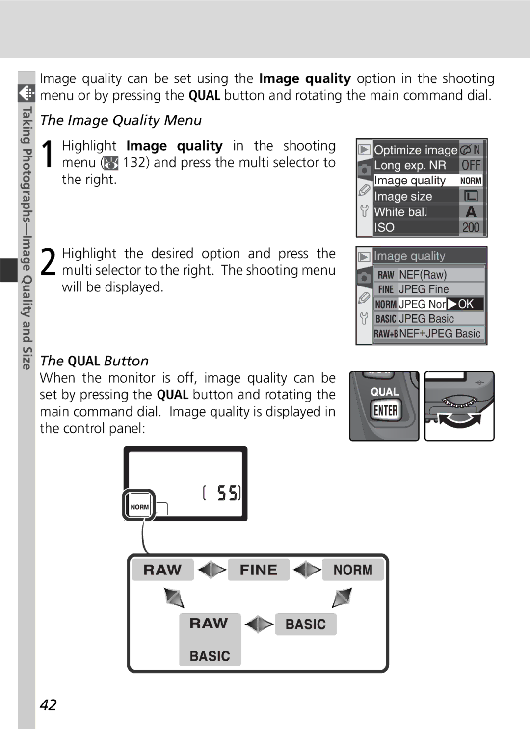 Nikon D70 manual Image Quality Menu, Qual Button, Size 