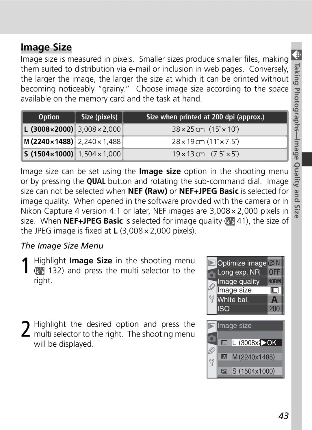 Nikon D70 manual Image Size Menu, Option, Taking Photographs-Image Quality and Size 