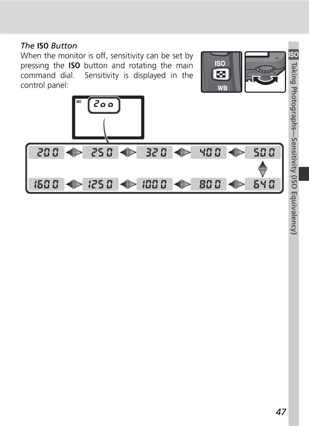 Nikon D70 manual ISO Button, Taking Photographs-Sensitivity ISO Equivalency 