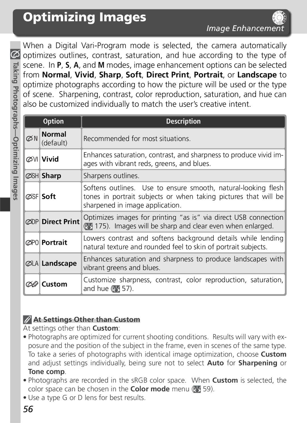 Nikon D70 manual Optimizing Images, Image Enhancement, At Settings Other than Custom 