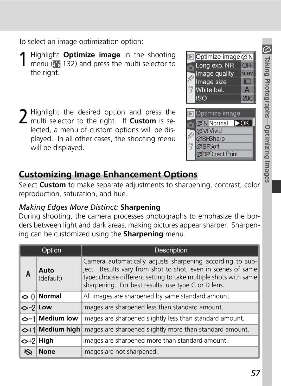 Nikon D70 Customizing Image Enhancement Options, Making Edges More Distinct Sharpening, Taking Photographs-Optimizing 